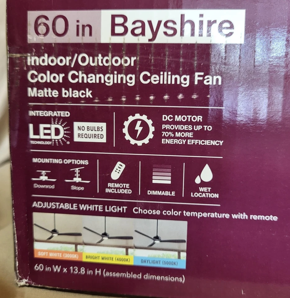 HOME DECORATORS 60" MATTE BLACK INDOOR OUTDOOR CEILING FAN REMOTE LED LIGHT - Image 4 of 4