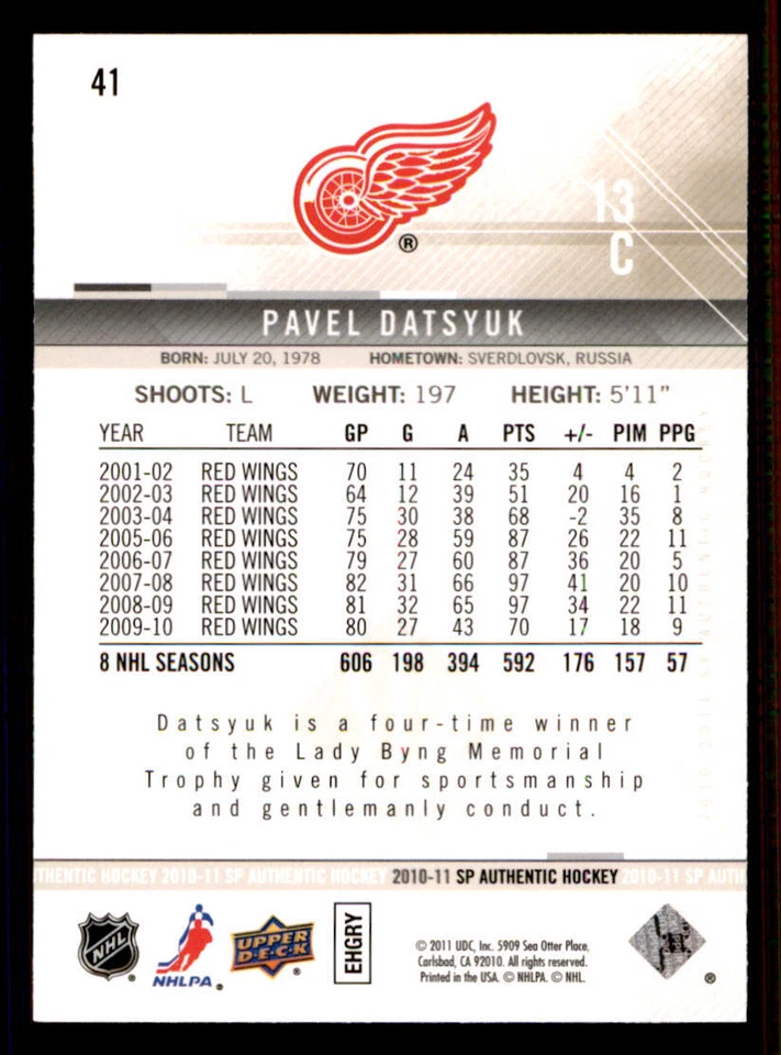 2010-11 SP Authentic #41 Pavel Datsyuk - Image 2 of 2