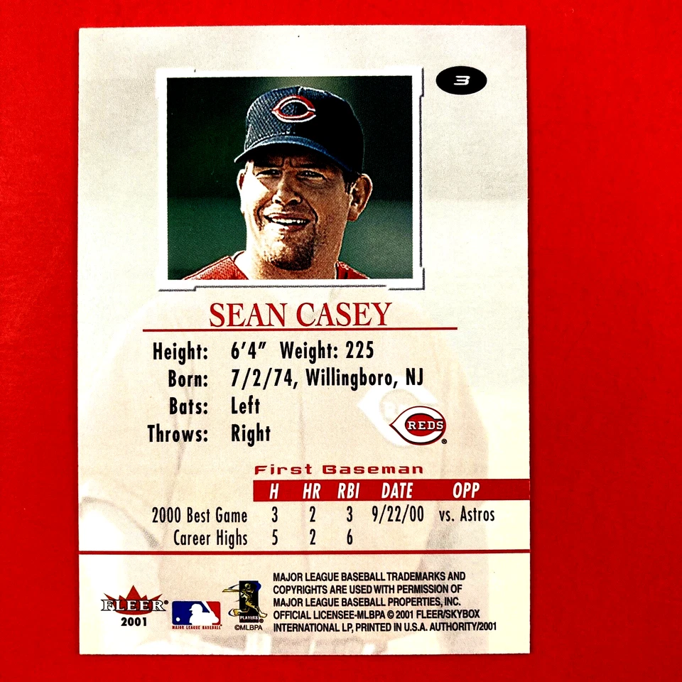 Sean Casey 2001 Fleer Authority Card #3 MLB Cincinnati Reds - Image 2 of 2