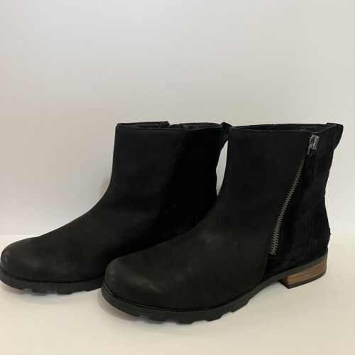 Sorel Emelie Black Leather Side Zip Ankle Bootie NL3502-010 size 11 Womens