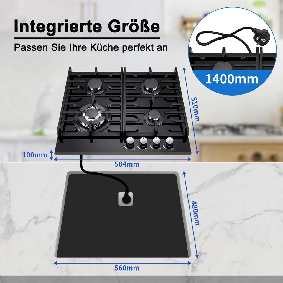 60cm table de cuisson gaz 4 feux noir verre encastrable gaz naturel propane - Photo 2/4