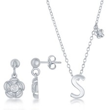 Sterling Silver Shiny "S" with Tiny CZ Flower Necklace and Earrings Set