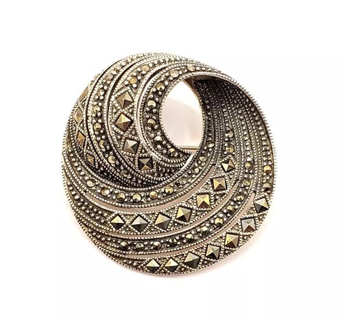 Vintage Nice Sterling Silver 925 Marcasite Round Swirl Casual Style Brooch Pin