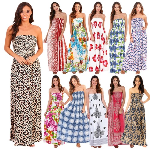 Maxi Bandeau Dress Ladies Long Summer Holiday Fitted Dresses