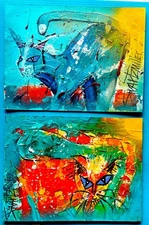 2 CATs PAINTINGS colorful POP ART Recycled CB Original SWARTZMILLER DNA wall new