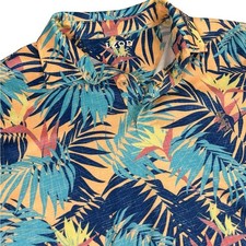 IZOD Golf Polo Shirt Tropical Palm Print Peach Blue Men Medium Stretch