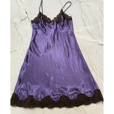 VTG Purple Satin Y2K Coquette Lace Trim Slip Dress Chemise Nightgown Purple Sz L