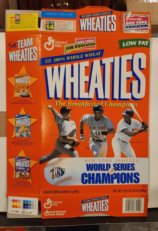NY YANKEES 1998 WORLD CHAMPS WHEATIES BOX FLAT-EX-NR MNT COND