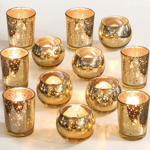 Gold Votive Candle Holders 12Pcs Assorted Gold Mercury Glass Votives Tealight...