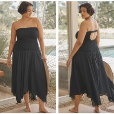 ANTHROPOLOGIE Strapless Smocked Cover-Up Dress Gauze Black Sz S {3R18}