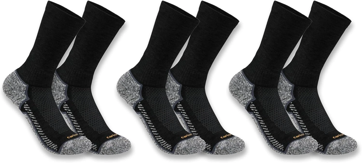 Carhartt Men's Force Performance Work Socks 3 Pair Pack Large, Black