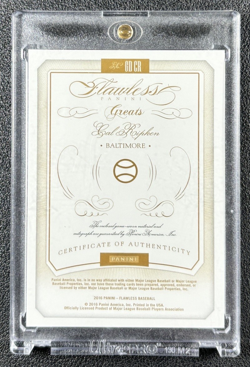 CAL RIPKEN 2016 PANINI FLAWLESS GREATS DUAL MEMORABILIA GU PATCH AUTO GOLD 5/5 view 2