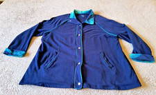 Liz & Me Catherine's Women's 1X Knit Snap Front Long Slv Jacket Blue Teal Trim