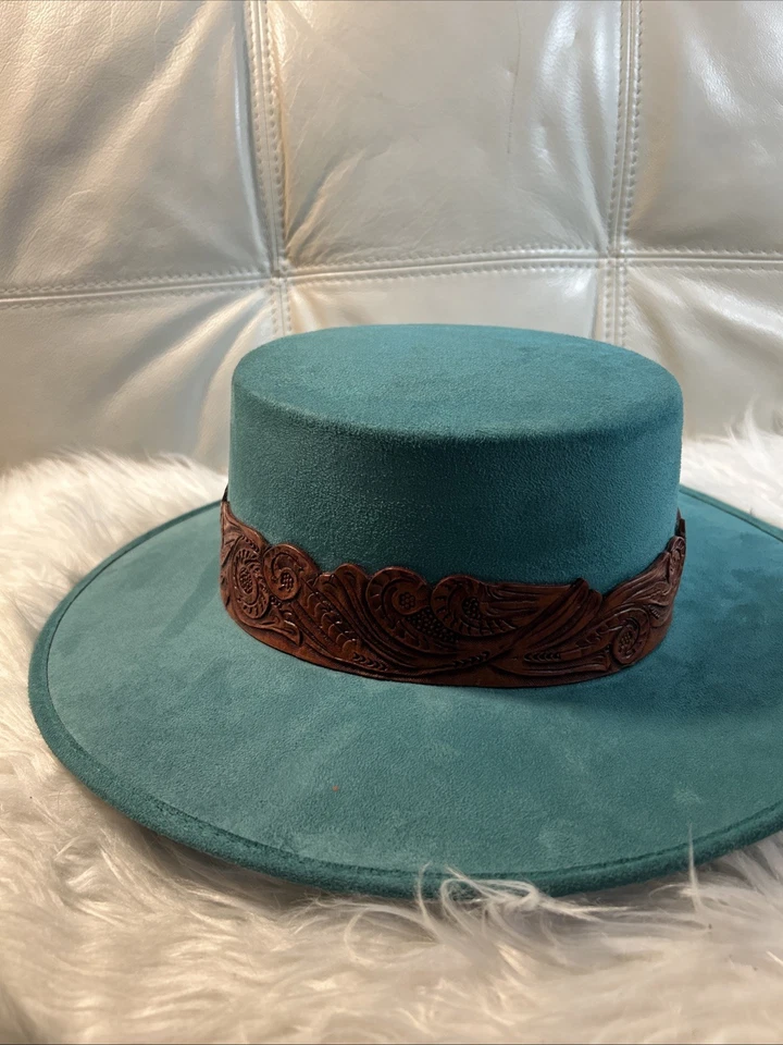 Sombrero Chida Frida al por menor $165. Madera de vaquero mexicano Tooled Teal Western para mujer talla L Foto 3 de 4