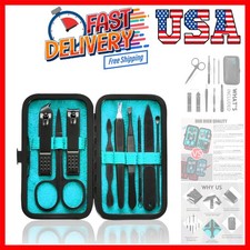 9-Piece Luxury Manicure Set in Blue with Portable Leather Case for Travel