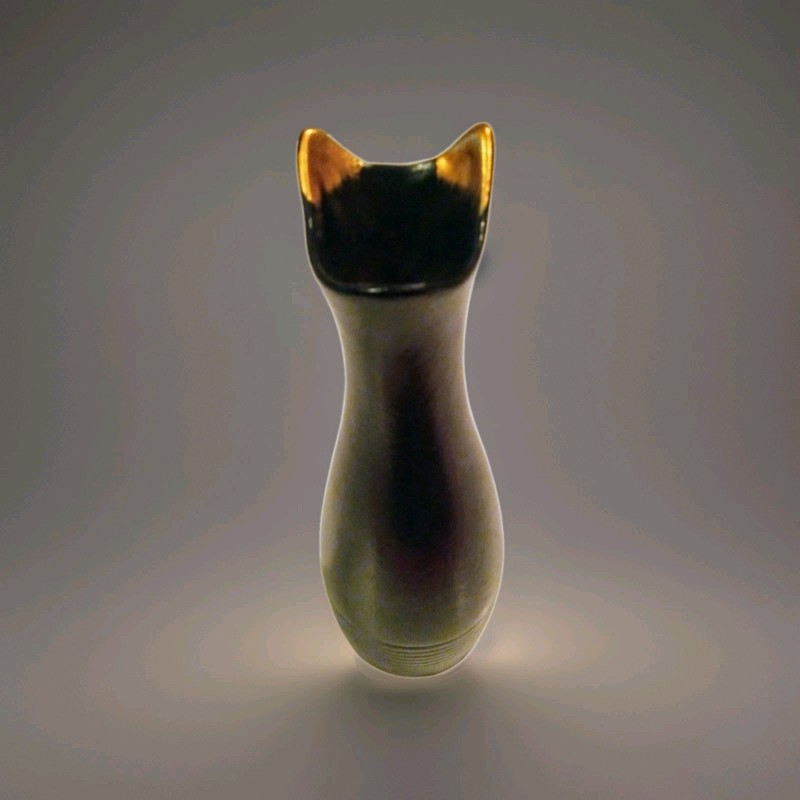 Cat Lady Box Blk Cat Tall BudVase Gold Ears 10" Cat Lovers Trinket Halloween Pre