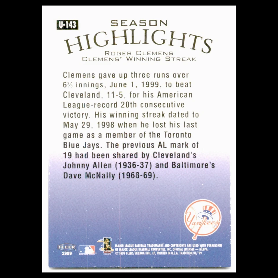 Roger Clemens #U-143 1999 Fleer Tradition Update New York Yankees Baseball Card - Image 2 of 3