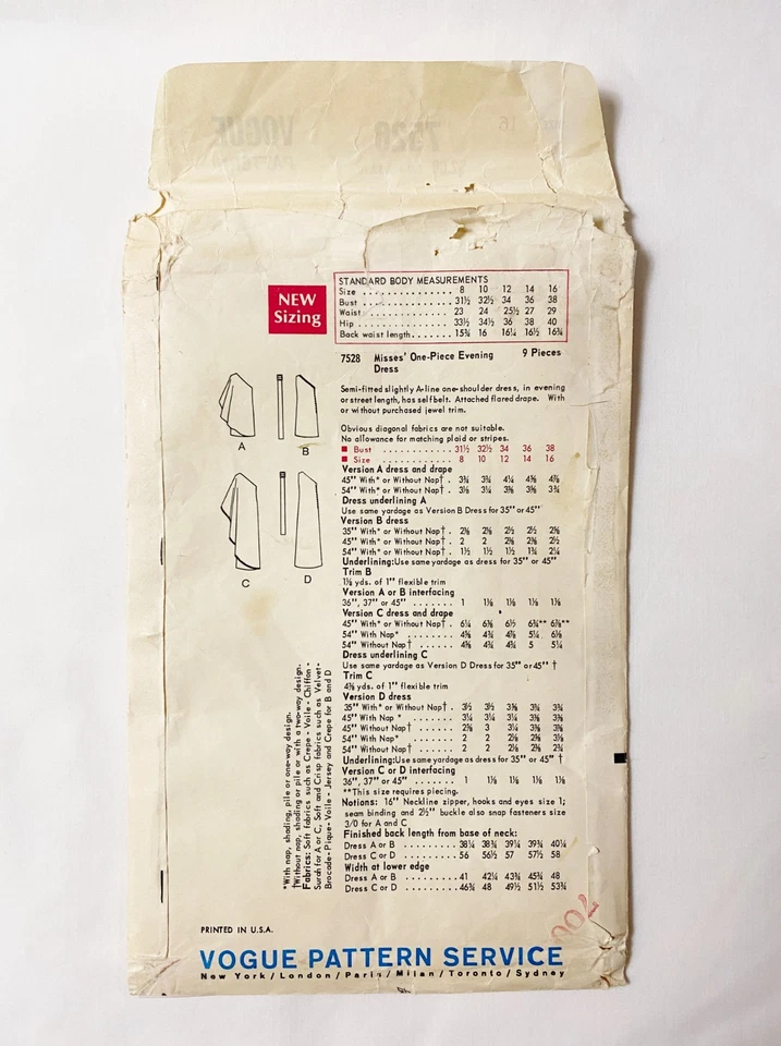 Vintage 1960s Vogue #7528 Sewing Pattern Factory Folded Size 16 One Shoulder - Image 2 of 4