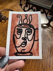 ACEO Original Abstract Coffee with face watercolor and acrylic Payton's Cottage