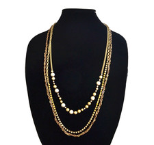 JESSICA SIMPSON GOLD,BRONZE TRIPLE CHAIN+BROWN THREAD+YELLOW GEM+BEAD NECKLACE