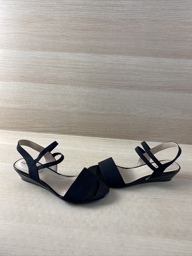 LifeStride YOLO Black Fabric Open Toe Ankle Strap Slip On Wedge Sandals Size 8 W | eBay