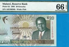 MALAWI-20 KWACHA-1995-SERIAL NUMBER 190589-PICK 32 **PMG 66 EPQ GEM UNC**