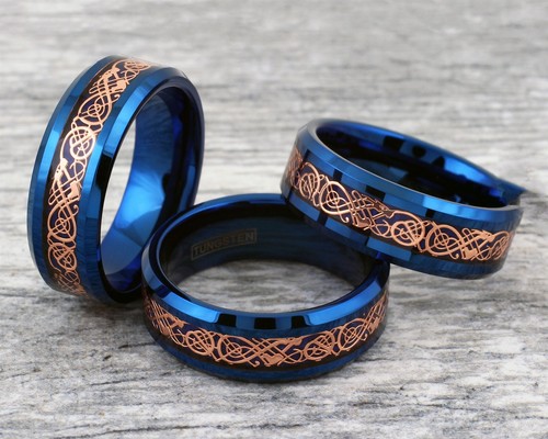 Engraved 8mm Blue Tungsten Carbon Fiber Rose Gold Plated Celtic Dragon Band Ring - Picture 6 of 6
