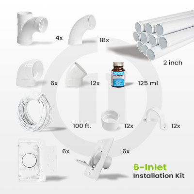 SUPERKIT!! Aspirateur Central Vacuum 6- Inlet DIY Installation Kit 125' PVC Pipe