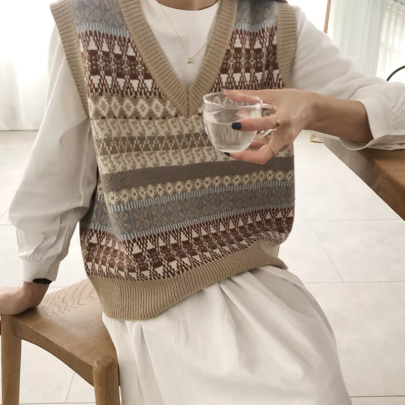 Women Sweater Vest Tank Knit Top Waistcoat Winter V-neck Geometric Preppy  Daily