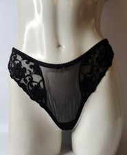 Vtg Victoria's Secret Black Nylon Embroidery Floral High-Leg Thong Panties S