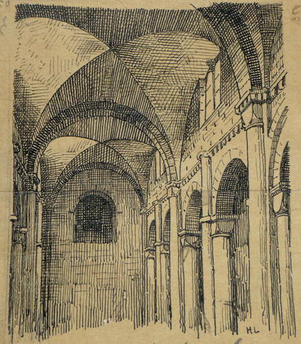 Dessin Original Signé Henri Laffillée - Chapiteau Du Narthex De Saint-Menoux - Encre Sur Papier - Thème Architecture
