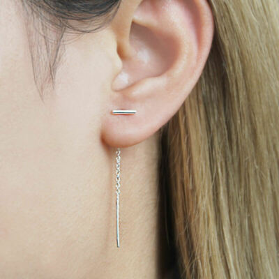 925 Sterling Silver Simple Little Tiny Bar Threader Line Thread Earrings A1632