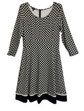 Talbots Geometric Black And White Spandex Blend 3/4 Sleeve A-Line Dress Sz Med