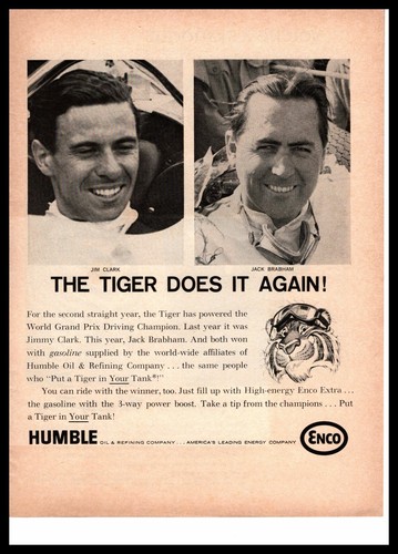 1966 Humble Oil Enco Gas Tiger Jim Clark Jack Brabham Grand Prix Champs Print Ad