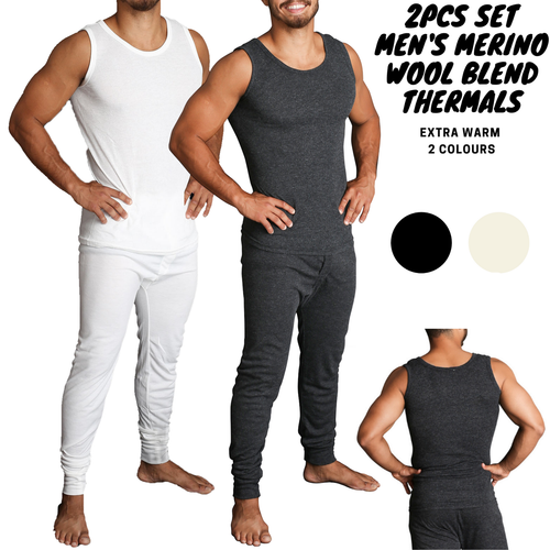 2pcs Set Men's Merino Wool Blend Thermal Singlet Top & Pants Underwear