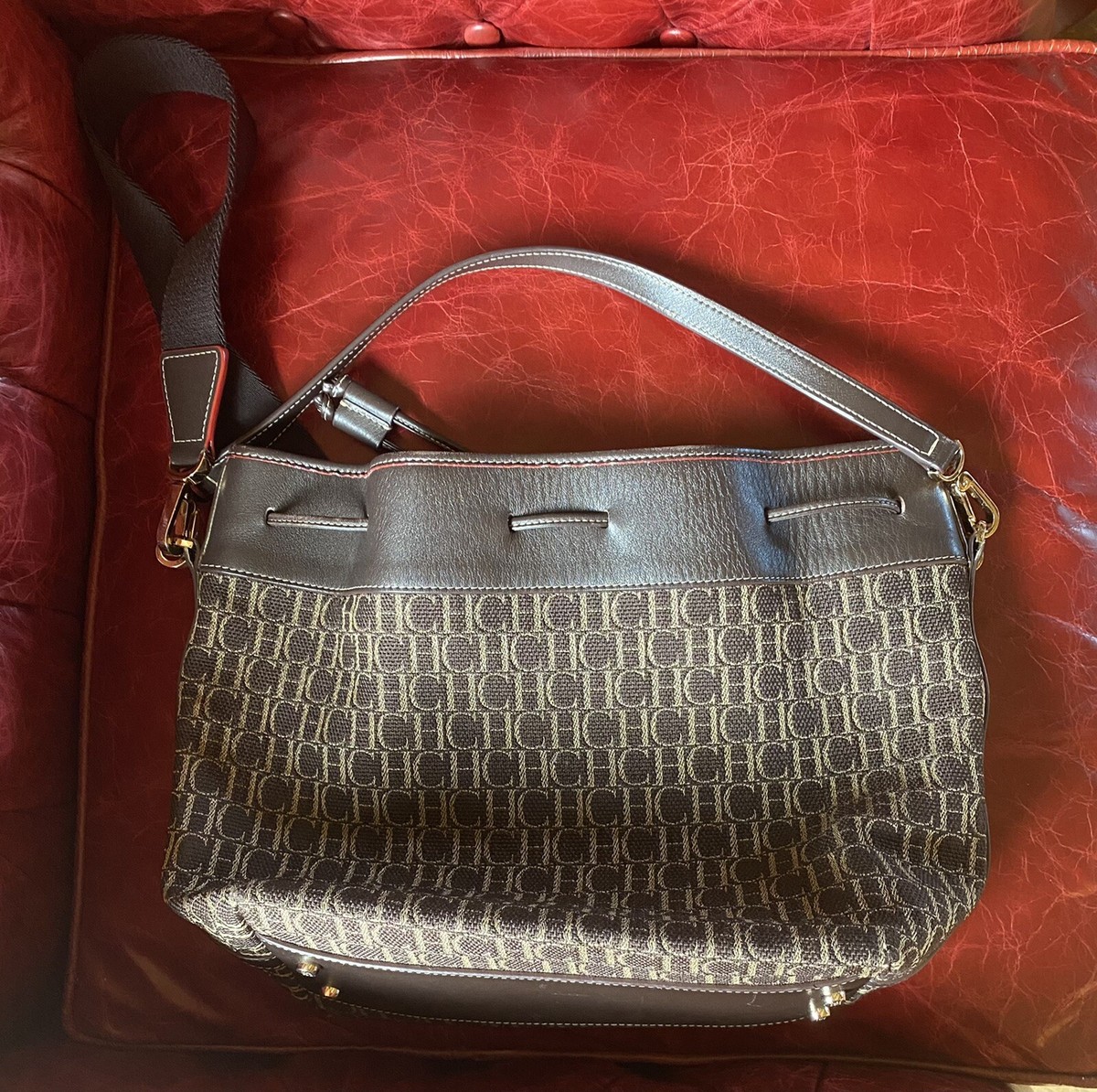 CH CAROLINA HERRERA LOGO BROWN CANVAS AND LEATHER BUCKET CH CAROLINA HERRERA LOGO BROWN CANVAS AND LEATHER BUCKET