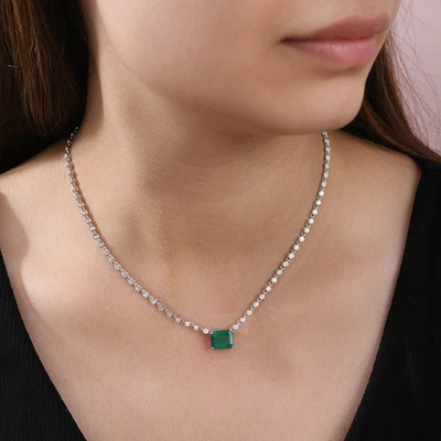Spectrum 6.37 Tcw Zambian Emerald CVD Diamant Anhänger Kette 14k Weißgold - Bild 1 von 4