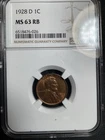 Beautiful High Grade 1928 Lincoln Cent.  NGC GRADED MS 64 RB