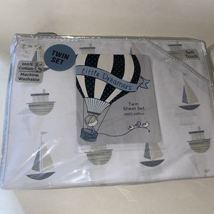 Little Dreamers Kids White Navy Blue Gray Boat  Tug Boat Sheet Set - Twin