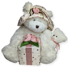 HugFun International Rose & Rikki White & Light Pink Bears w/Gift Box 10.5" NWT