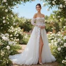 Boho Off Shoulder Wedding Dresses Long Sleeves Appliques Side Split Bridal Gowns