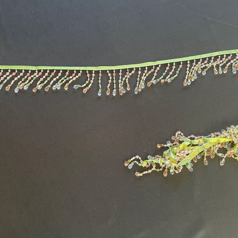 3.5 Yards X 2.5” Pink Blue White Beaded Fringe Green Ribbon