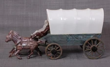 REL COVERED WAGON w/ Harness, 2 Horses and 2 Cowboy Drivers, Fine, 1950s