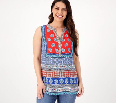 Susan Graver Regular Printed Woven Sleeveless Tank Top Blue Coral