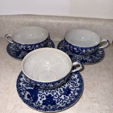 Phoenix Ware Blue  White Porcelain Phoenix 3 Saucers  3 Cups Occupied Japan