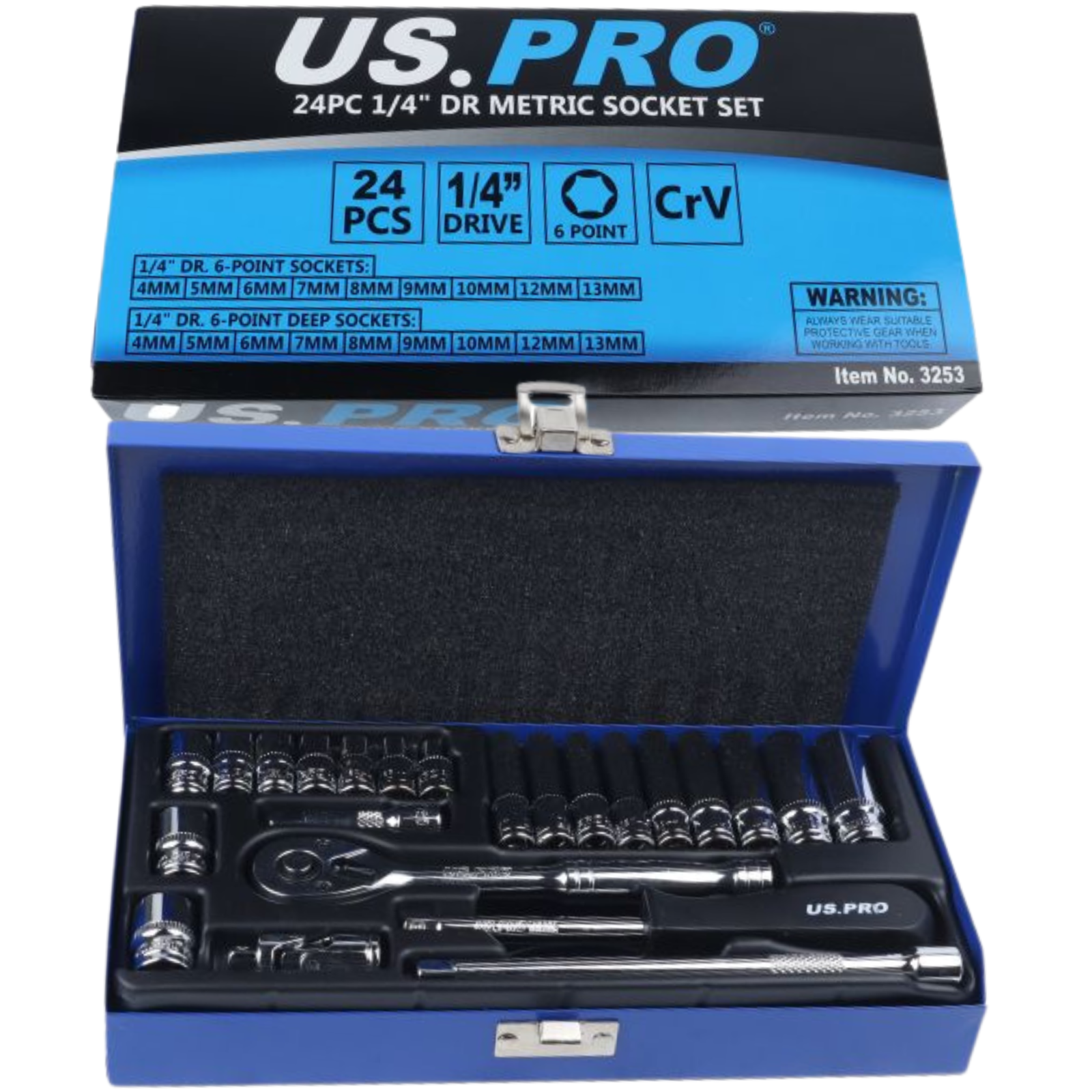 US PRO Tools 24PC 1/4"" Drive Metric Socket Set 6 Point Deep Shallow CrV 3253