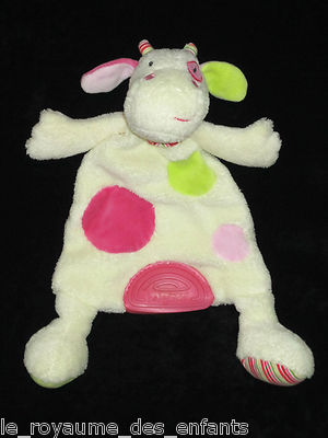 Doudou plat Vache écru rose verte ronds Babysun 30 cm