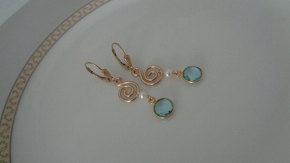 Gold Ohrringe Blautopas und Perle 14K GF - Bild 2 von 4