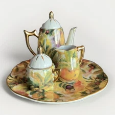 Miniature Porcelain Child's Doll Tea Pot Plate Tray Set Fruit Pattern Gold Trim