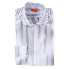 Isaia 'Mix' Sky-Green-Navy Stripe Lightweight Cotton Dress Shirt 15.5 NWT